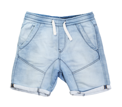 Denim blue shorts with the effect of frayed isolated on a white background.Shorts with elastic waistband and adjustable drawstring. Front pockets and patch back pockets. 