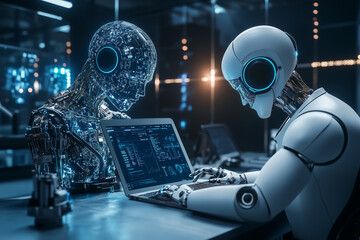 Two futuristic humanoid robots collaborate at a high-tech workstation, analyzing complex data on a laptop in a sleek, dimly lit laboratory setting