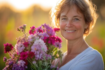 Mature Woman Smiling with Fresh Flowers in a Sunny Field.