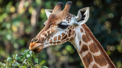 Fototapeta premium A close-up of a giraffe's head as it chews on fresh acacia leaves.