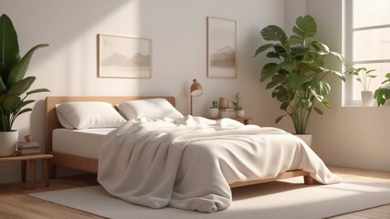 Serene bedroom with natural light, a comfortable bed, and indoor plants creating a peaceful ambiance.