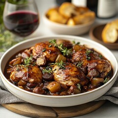 Dark Chicken Stew with Thyme and Red Wine, Rustic Food Photography