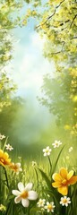 Obraz premium Spring forest.Trees and flowers on the grass in the forest. The scene is filled with tranquility. Vertical illustration background