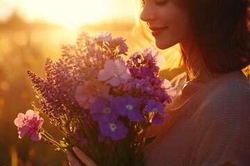 Smiling Woman with Purple Wildflowers at Golden Hour.