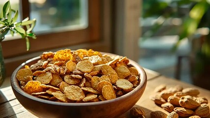A rustic wooden bowl filled with various crunchy snacks on a sunlit table near a window