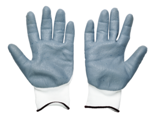 Isolated construction rubberized gloves on a white background. Blue protective gloves for construction and operation with caustic substances. Rubber gloves for repair.