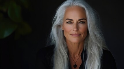 Fototapeta premium Mature woman with long, flowing gray hair, confident expression. Dark background, studio shot, emphasizing natural beauty