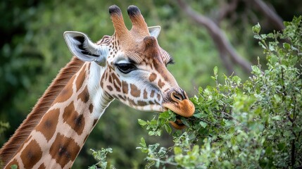 Obraz premium A giraffe contentedly munching on a leafy branch, surrounded by a peaceful savanna.