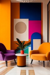 Bright and colorful modern interior featuring vibrant chairs and abstract wall art in stylish setting