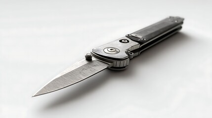A high-angle, detailed close-up captures a rugged pocket knife, highlighting its sharp blade and metallic sheen. The knife is shown open and ready for use.