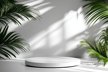 Obraz premium White round podium surrounded by tropical palm leaves, bathed in soft sunlight. Minimalist aesthetic.