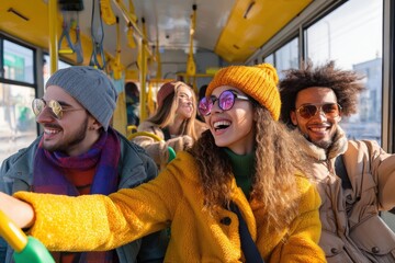 A group of friends on a lively city bus tour, laughter and camaraderie