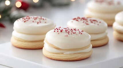 Fototapeta premium Three double-layer cookies, topped with white icing and red sprinkles, sit on a white surface. Other cookies are blurred in the background. The image is well-lit, showcasing the cookies texture and