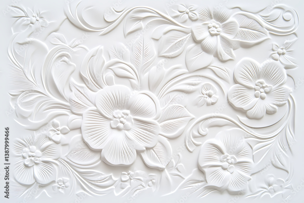 Poster white embossed pattern with a floral design on a white background.