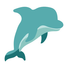 A cartoon dolphin is flying through the air. The dolphin is blue and white. The dolphin is in the air and has its tail up