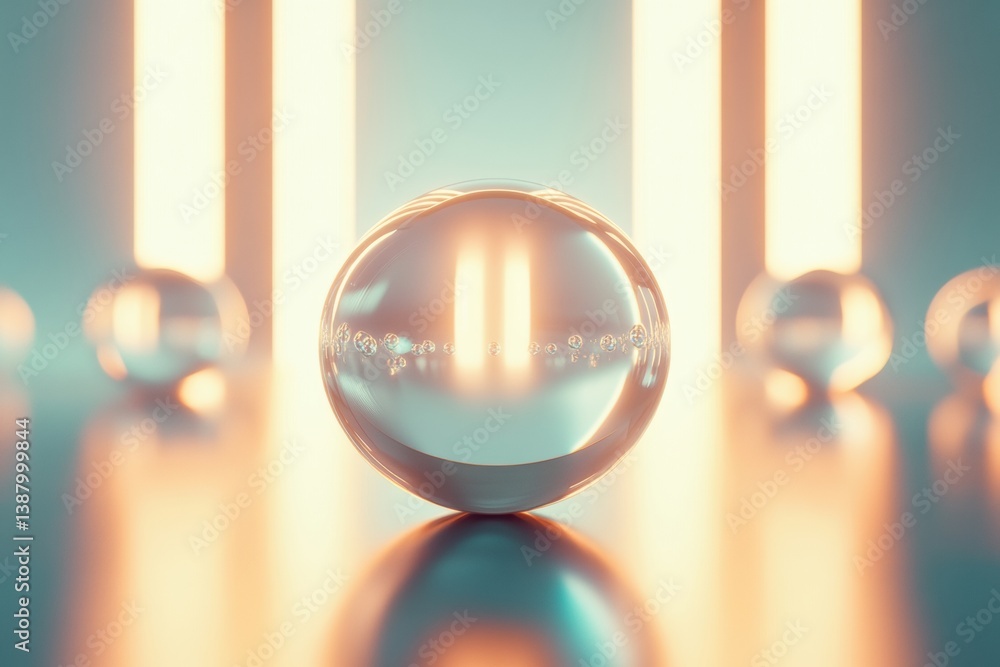 Poster Floating holographic spheres with soft glowing reflections create a captivating atmosphere in futuristic minimalistic digital art design