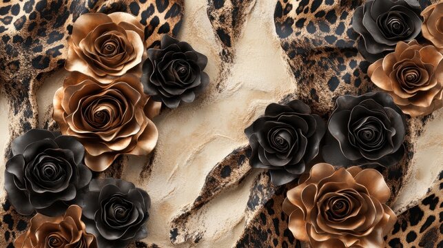 Flores decorativas en fondo de leopardo