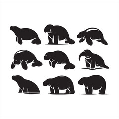 Manatee set of animals silhouettes