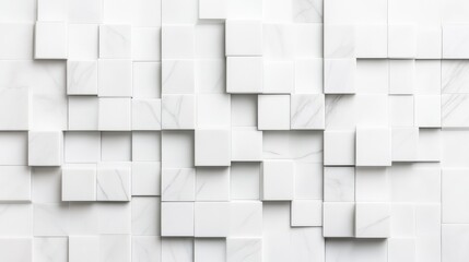 Obraz premium Abstract white cubic pattern. A close-up view of a wall or surface, densely packed with irregular white cubes, creating a geometric design. 