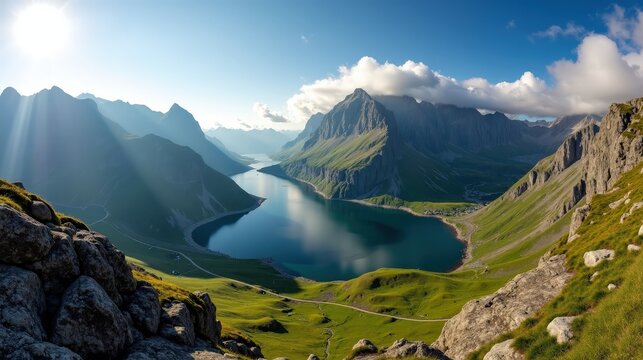 Aerial view of Stetind mountain in Norway at midday under sunny weather.