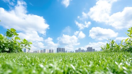Lush green grass dominates the foreground. A city skyline is visible in the distance under a vibrant blue sky with fluffy white clouds. The image is high-quality with natural lighting. Its a serene,