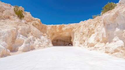 A large cave entrance is nestled between two towering, light beige rock formations. A smooth, white expanse stretches from the caves mouth. The high-resolution image features bright sunlight, creati