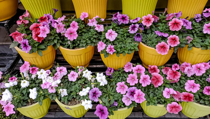 potted petunias in various shades of pink, purple, and white, arranged in yellow containers on a tiered shelf outdoors.