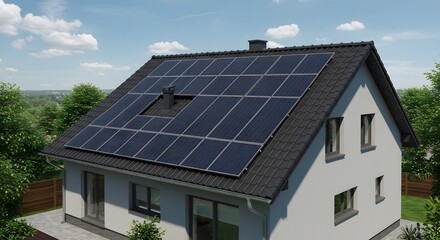 Fototapeta premium House Roof with Solar Panels Generating Clean Renewable Energy
