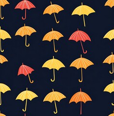 Obraz premium Seamless pattern of simple cartoon umbrellas in orange, yellow, and red on a dark blue background