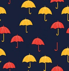 Obraz premium Seamless pattern of simple cartoon umbrellas in orange, yellow, and red on a dark blue background