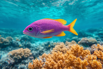 Fototapeta premium Vibrant purple and yellow tropical fish swimming above coral reef in clear blue ocean water, showcasing colorful marine life, biodiversity and natural underwater ecosystem in tropical sea environment
