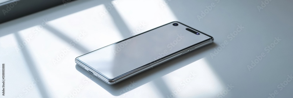 Poster sleek modern smartphone on a clean white surface with soft lighting and minimal technology aesthetic