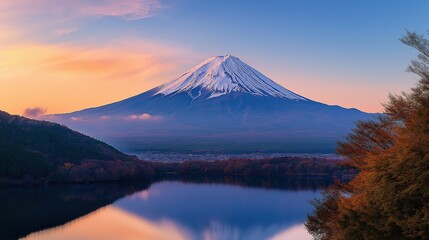 Scenic view of Mount Fuji at dawn with tranquil water reflection, perfect for travel and nature themes.
