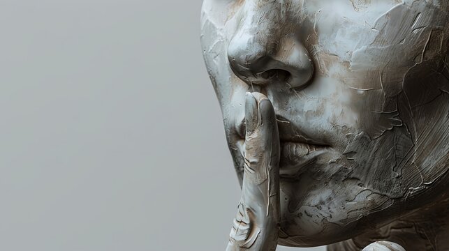 Close-up face with finger on lips in quiet shhh gesture

