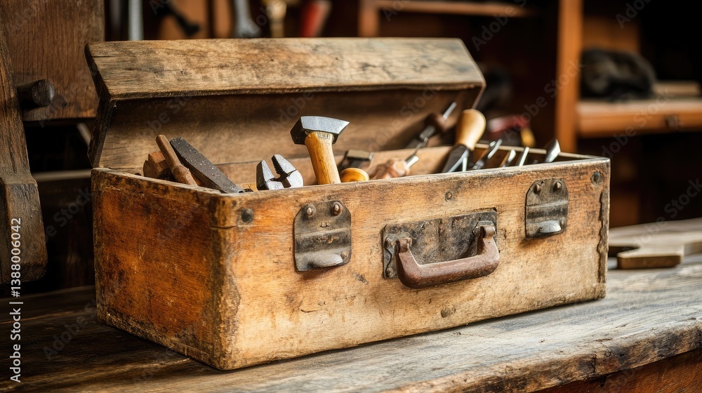 Poster a rugged toolbox resting on a workshop table, filled with essential hand tools.