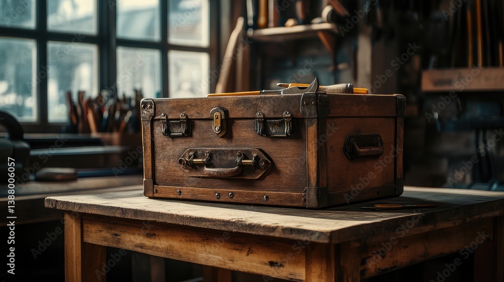 Poster a rugged toolbox resting on a workshop table, filled with essential hand tools.