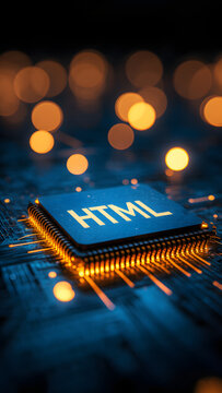 A glowing "HTML" chip rests on a circuit board, illuminated in warm orange light against a dark background with blurred bokeh