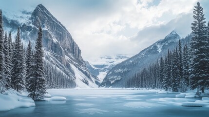 A snow-covered mountain landscape with frozen lakes and towering pine trees.