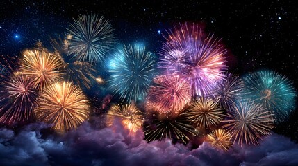 Fototapeta premium A vibrant display of fireworks illuminates the night sky above a sea of fluffy clouds, creating a magical and celebratory atmosphere.