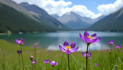 Obraz premium Purple Flowers by the Mountain Lake