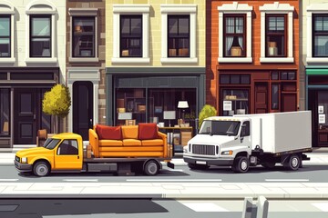 City street furniture moving; two trucks, urban setting, boxes on storefronts