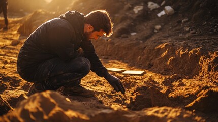 Fototapeta premium Dedicated archaeologist excavating ancient artifacts and uncovering historical treasures