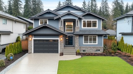 A modern residential house with a beautiful blue exterior color