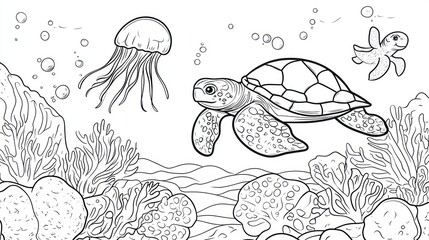 Naklejka premium Underwater scene coloring page, sea turtles, jellyfish, coral reef