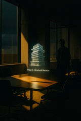 Fototapeta premium Warm-lit meeting room with holographic architectural revision in progress