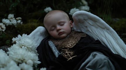 A peaceful infant, nestled amidst nature, with ethereal wings and a mystical cloak