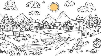 Naklejka premium Simple Black and White Countryside Landscape Illustration
