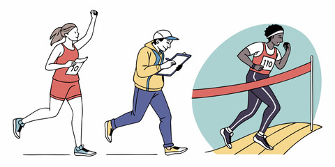 Marathon Race Cartoon Illustration Woman Runner Winning Coach Observing Finish Line