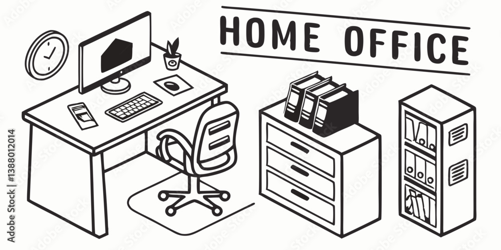 Poster modern simple clean home office workspace desk chair computer bookshelf files binders clock plant is