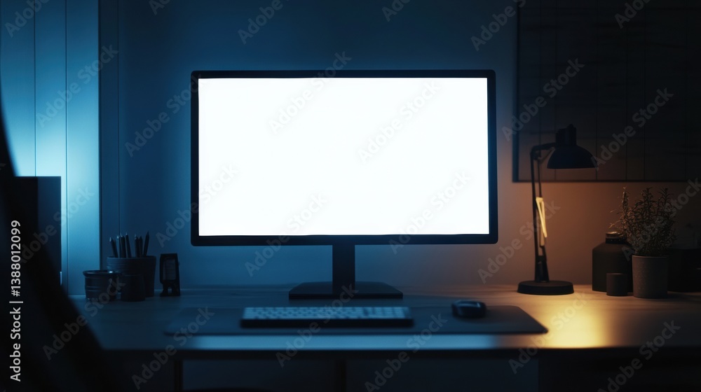 Poster sleek desktop monitor with bright white screen in minimalistic workspace at night